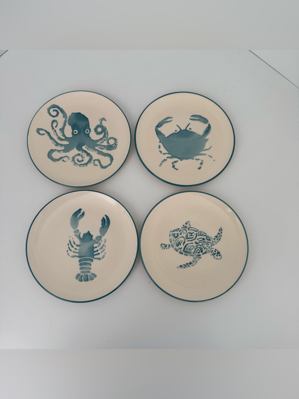 Papart Seramik Handpainted Blue Coastal Plates Set 4 Octopus Crab Turtle Lobster